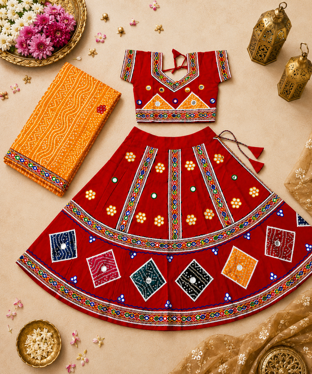 Banjara India Kutchi Embroidered Girls Chaniya Choli with Dupatta (CC-CHN) - Red