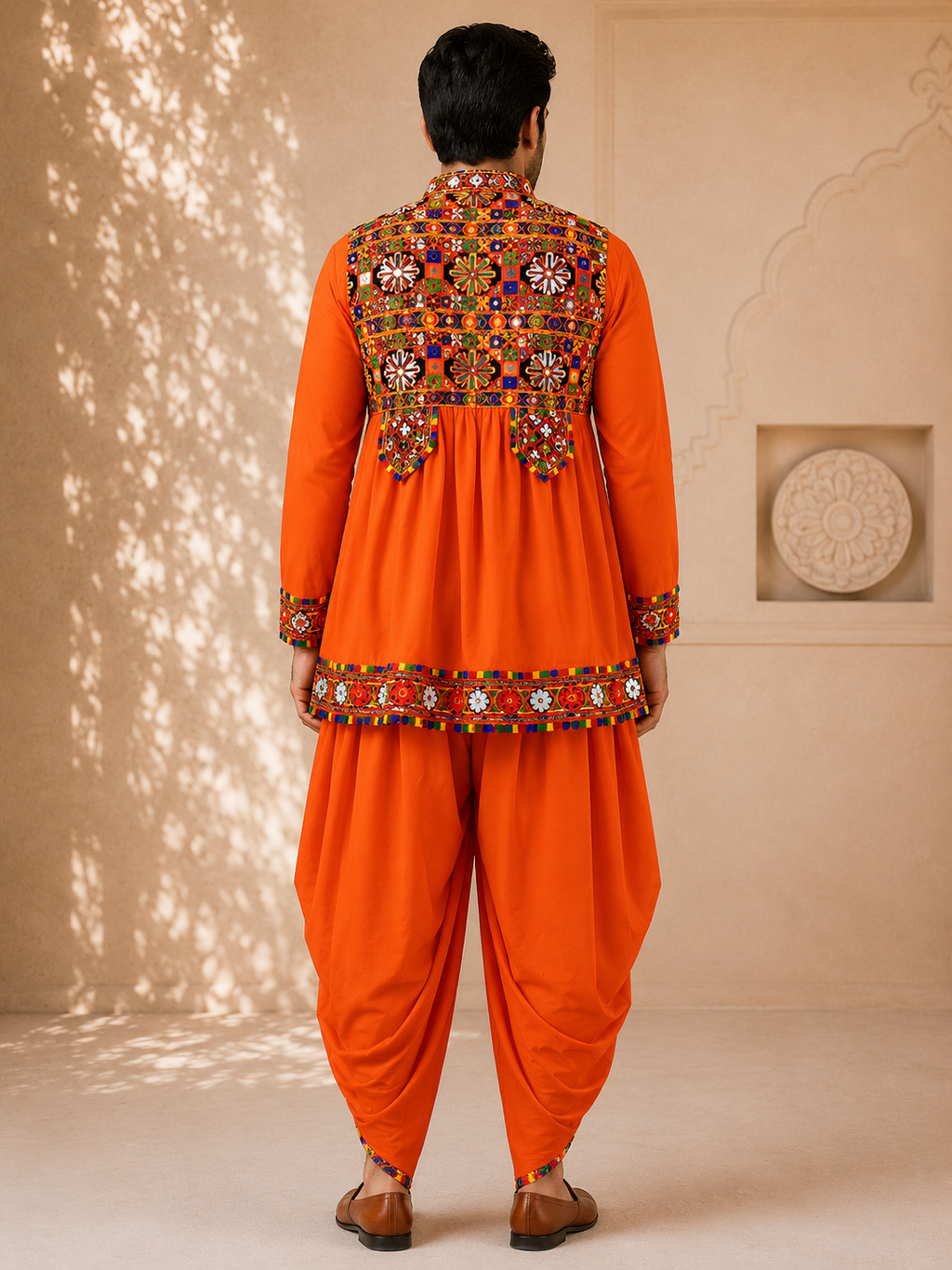 Banjara India Men’s Kutchi Embroidered Kediyu & Dhoti Set | Traditional Navratri Garba Outfit | Mirror Work Ethnic Wear Set-Orange