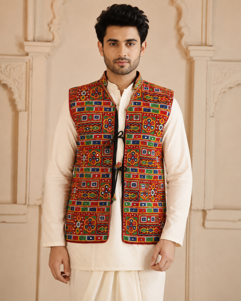 Banjara India Multicolor Kutchi Embroidered Ethnic Jacket for Men | Mirror Work Nehru Jacket | Festive & Navratri Wear (Men-Koti-04)