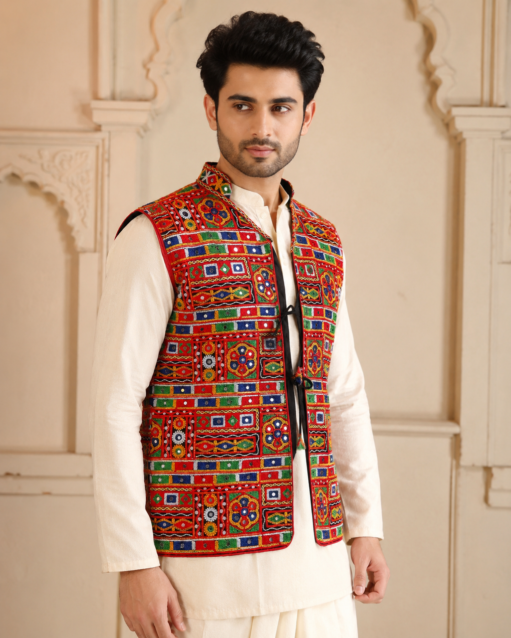 Banjara India Multicolor Kutchi Embroidered Ethnic Jacket for Men | Mirror Work Nehru Jacket | Festive & Navratri Wear (Men-Koti-04)