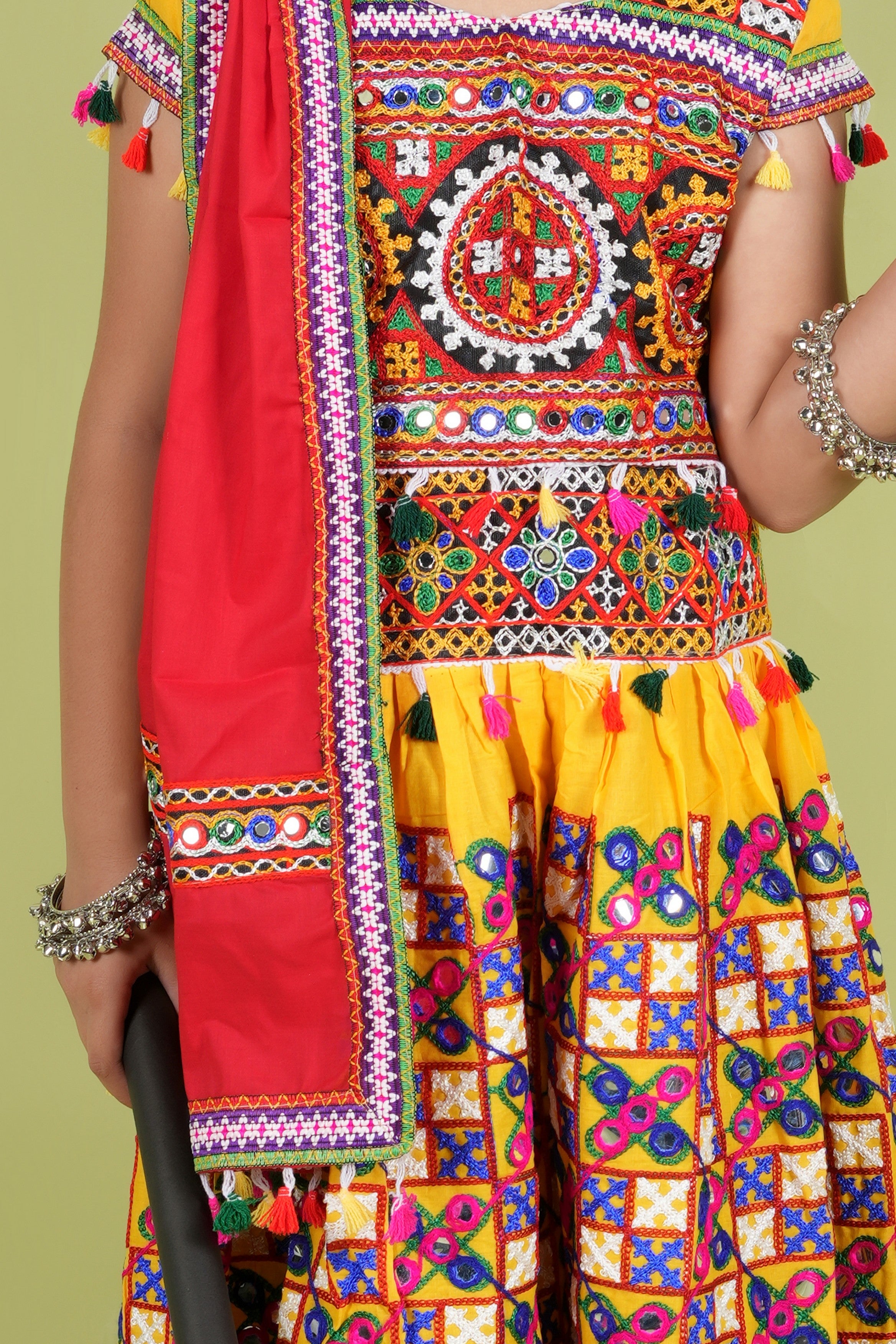 Banjara India Kutchi Embroidered Girls Chaniya Choli with Dupatta (KCC-BWR) - Yellow