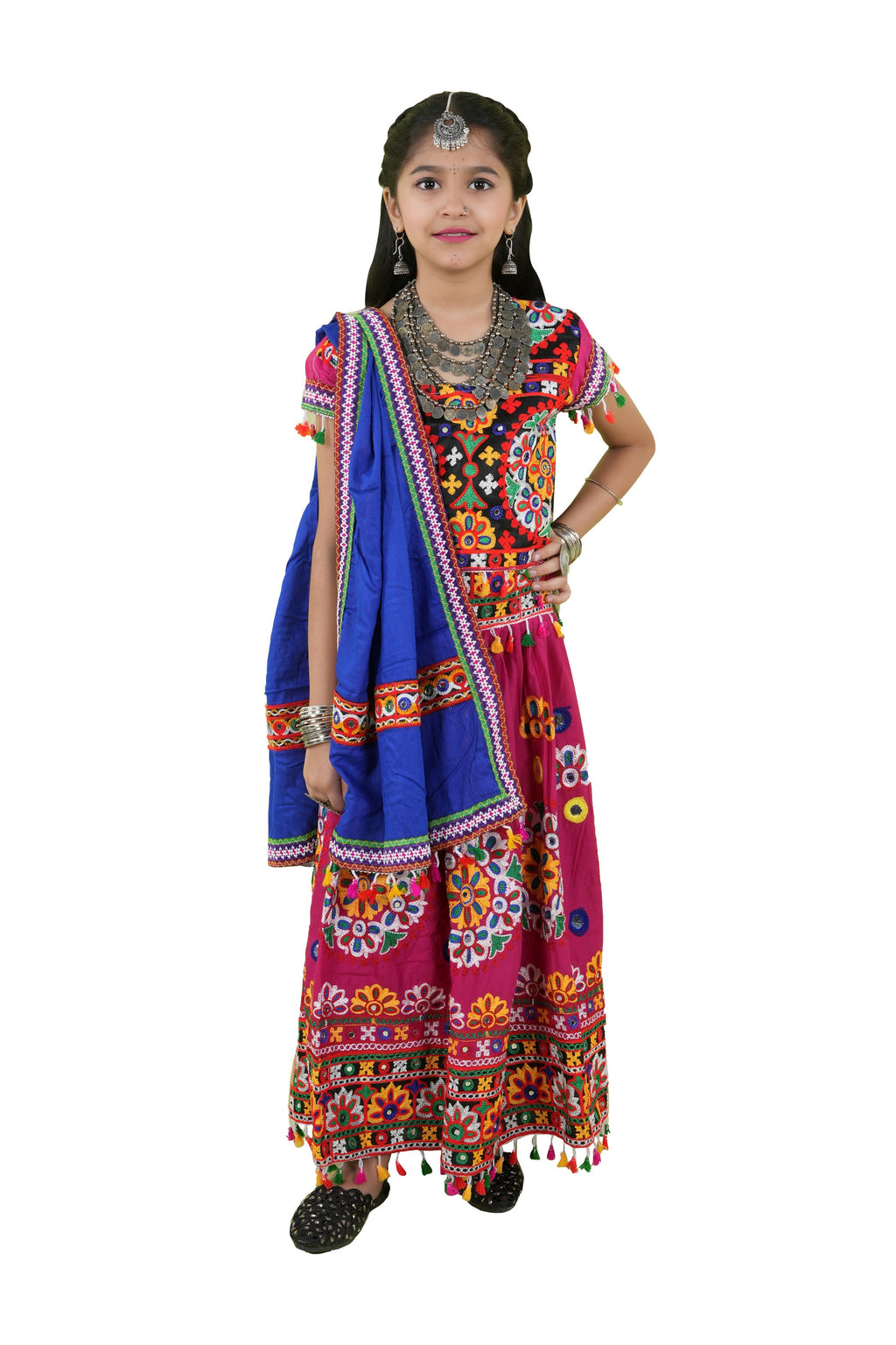 Banjara India Kutchi Emboidered Black Girls Chaniya Choli with Dupatta (KCC-RING) - Pink