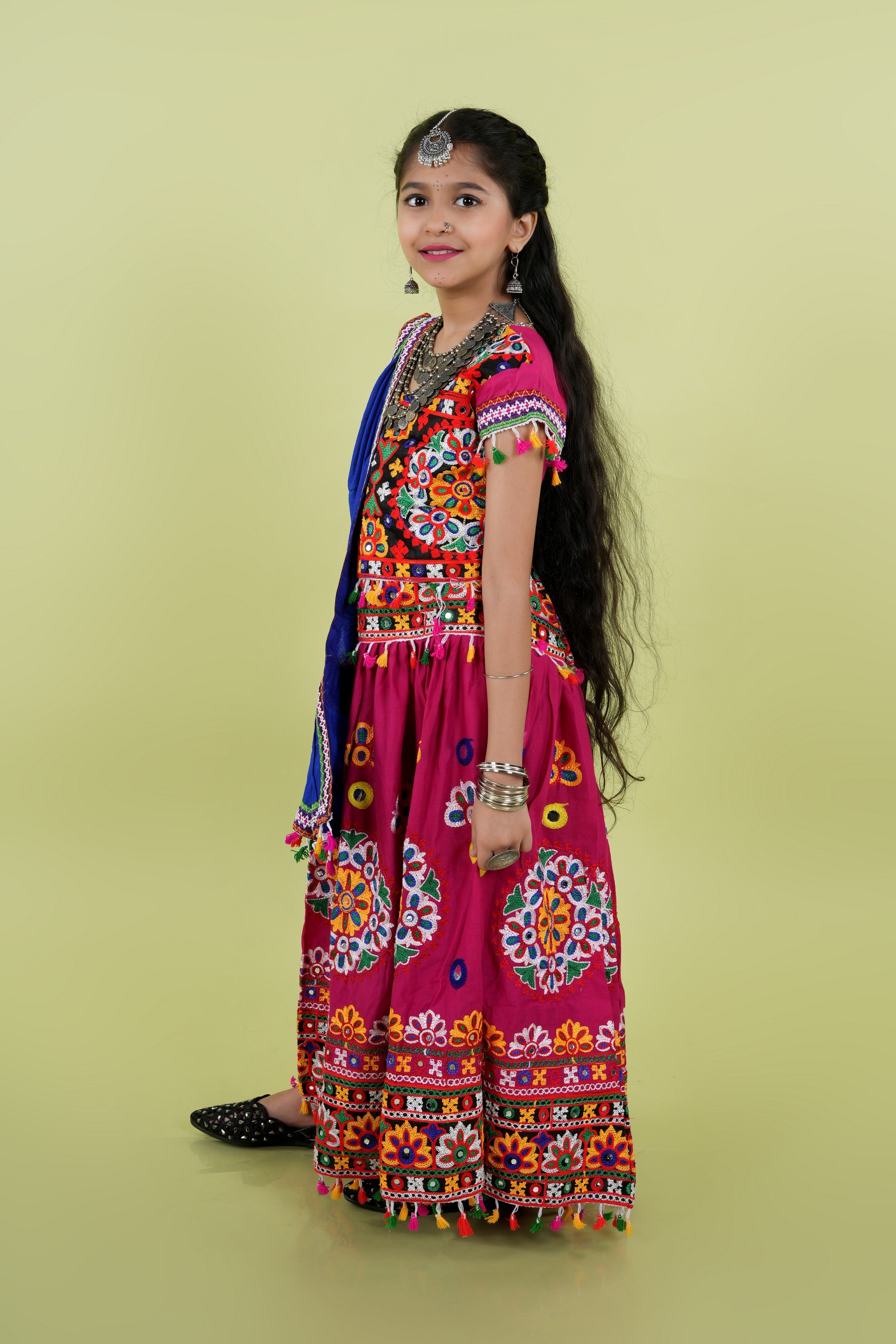 Banjara India Kutchi Emboidered Black Girls Chaniya Choli with Dupatta (KCC-RING) - Pink