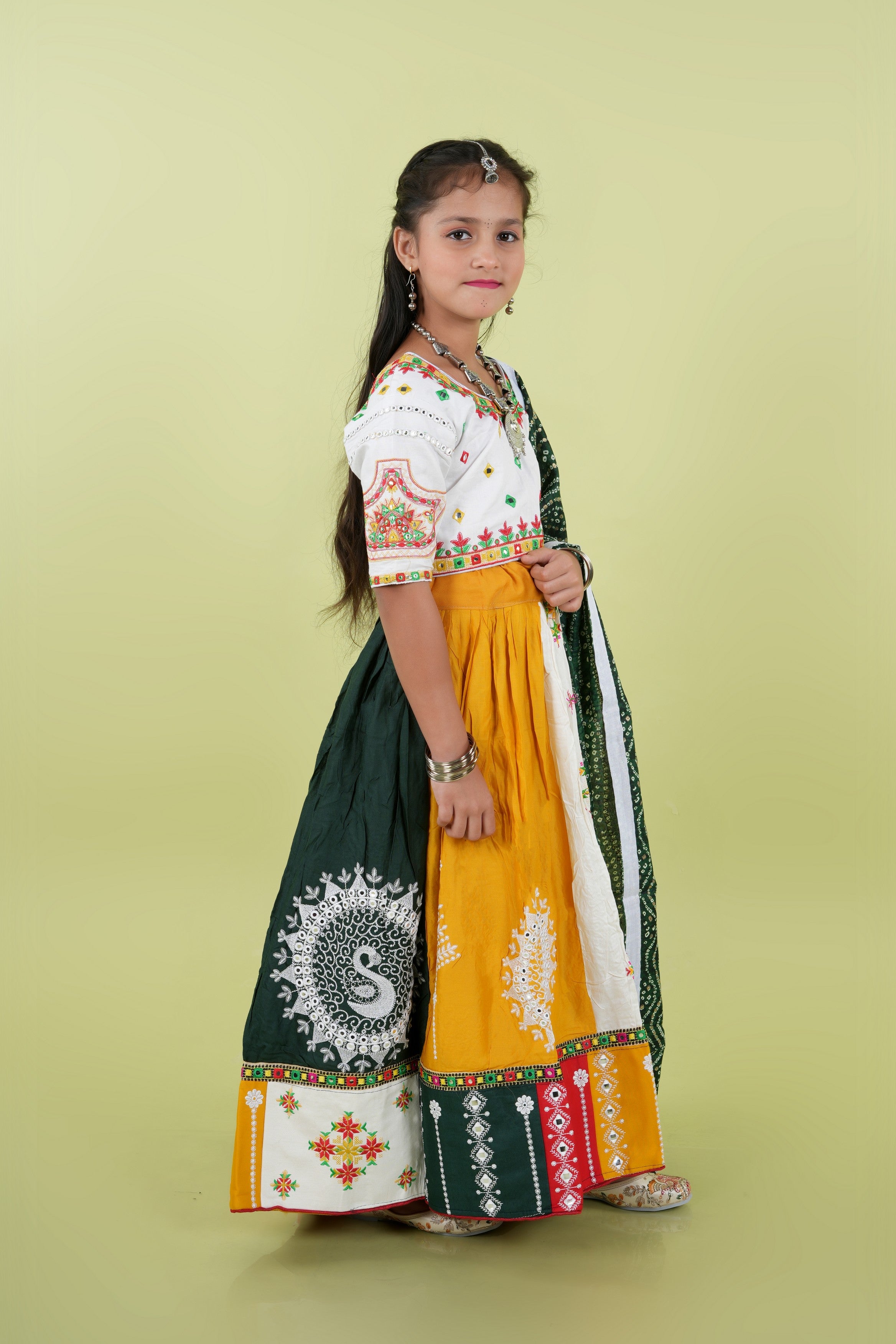 Banjara India Kutchi Embroidered Black Girls Chaniya Choli with Dupatta (KCC-FNCY) - White (Copy)