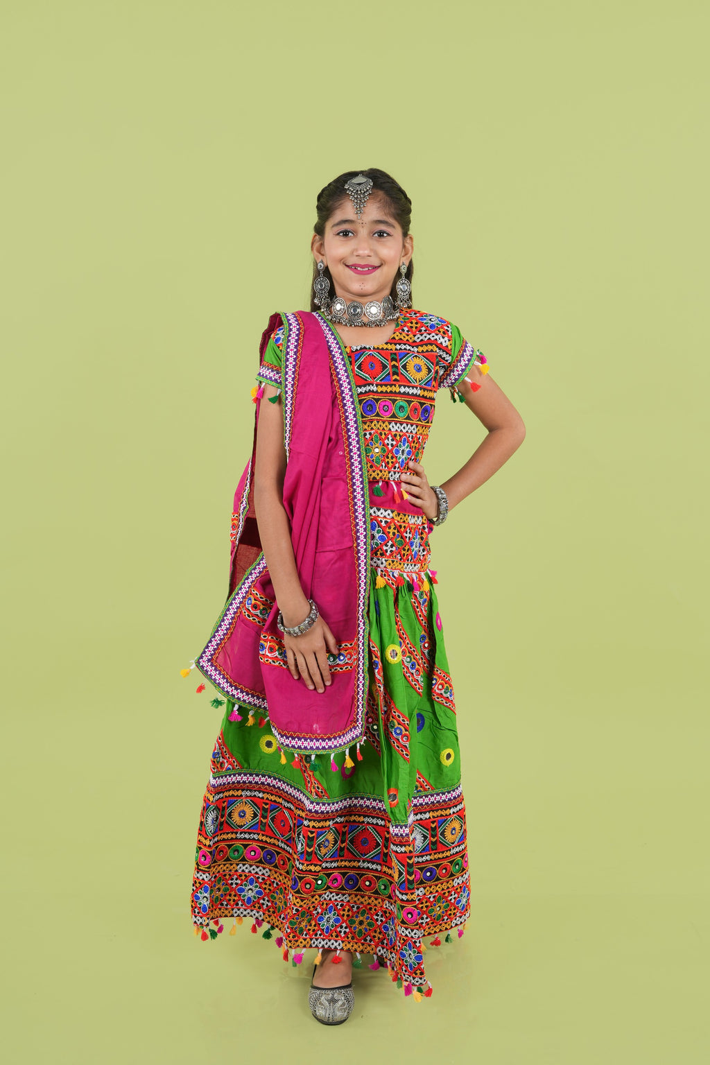 Banjara India Kutchi Emboidered White Girls Chaniya Choli with Dupatta (KCC-WAVE) - Green