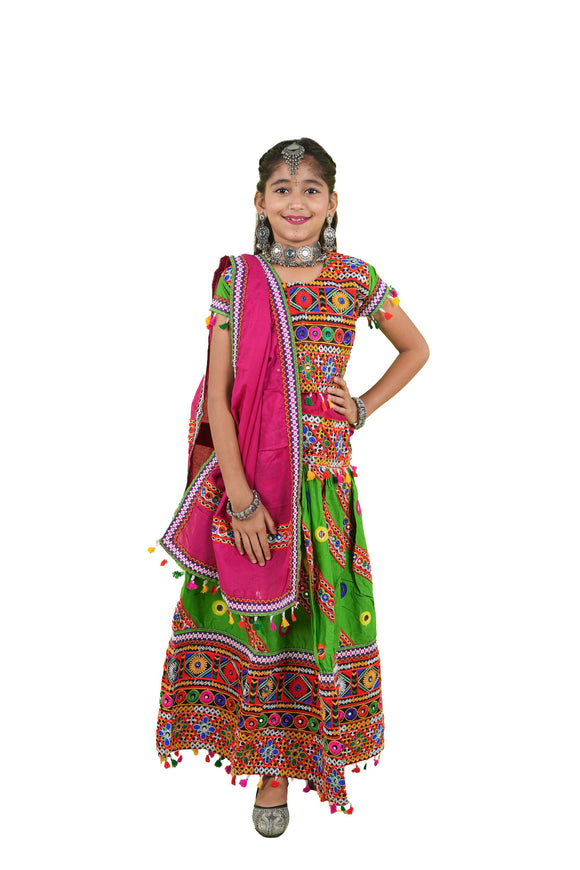 Banjara India Kutchi Emboidered White Girls Chaniya Choli with Dupatta (KCC-WAVE) - Green