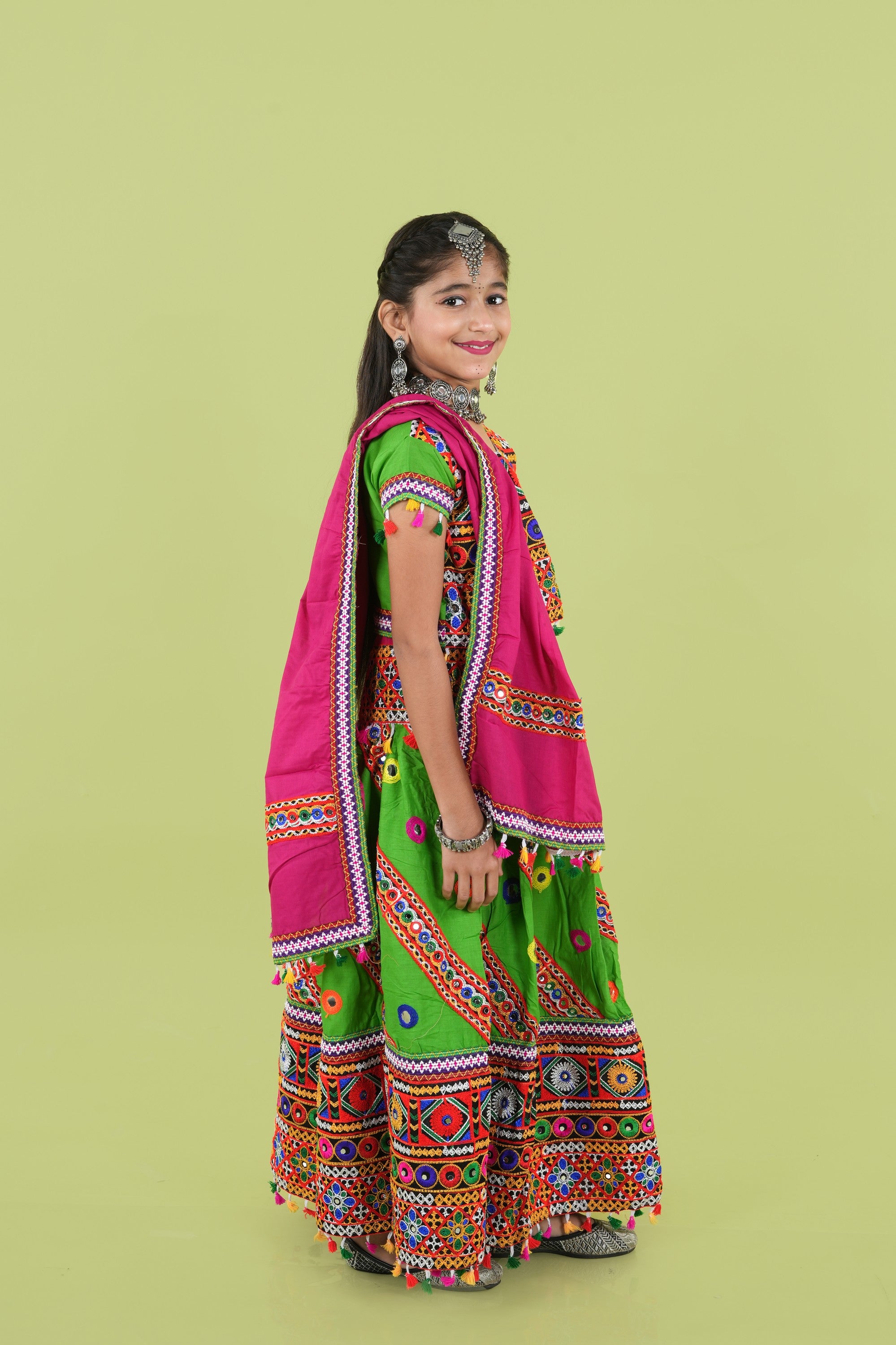 Banjara India Kutchi Emboidered White Girls Chaniya Choli with Dupatta (KCC-WAVE) - Green