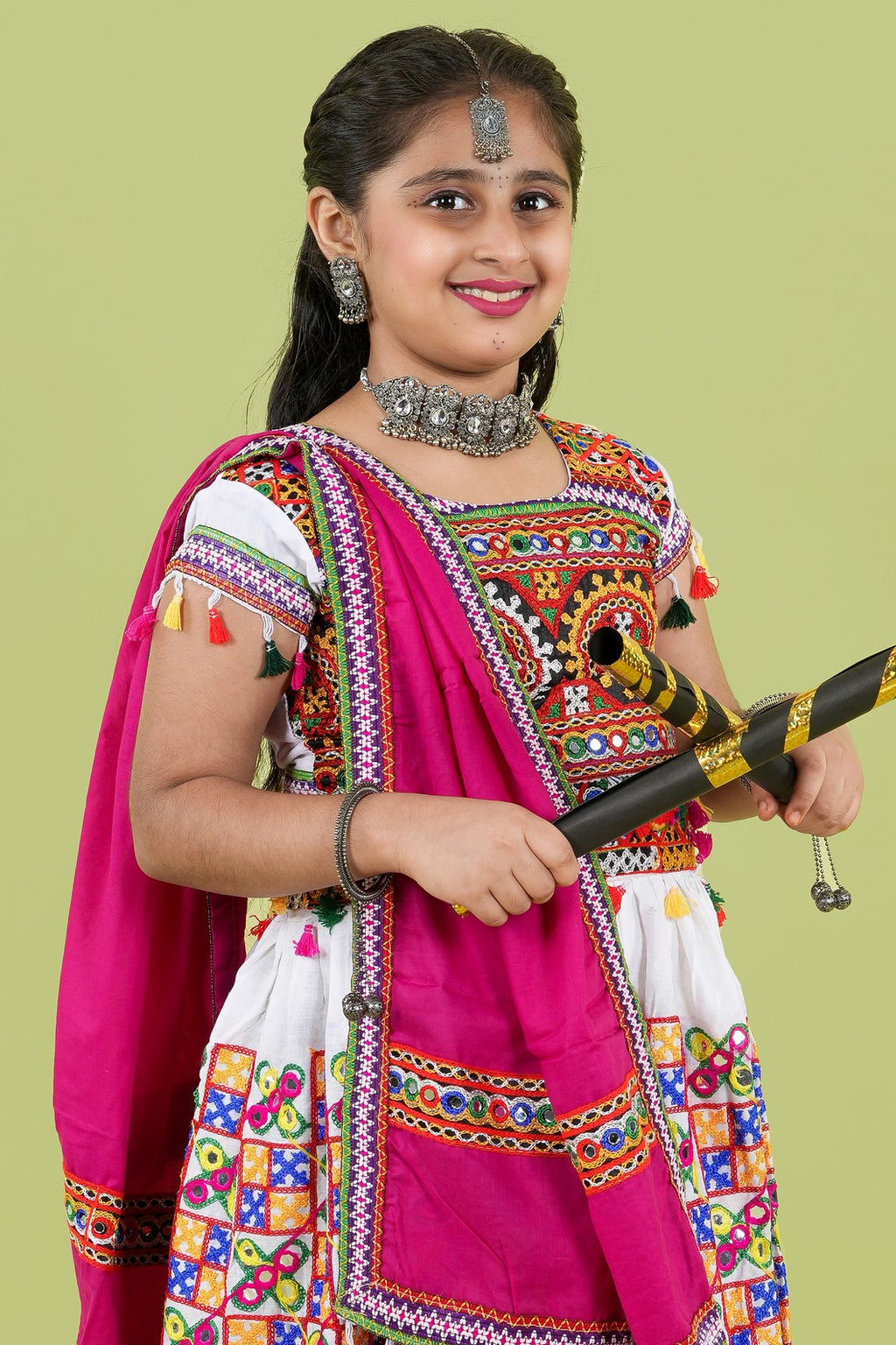 Banjara India Kutchi Embroidered Girls Chaniya Choli with Dupatta (KCC-BWR) - White
