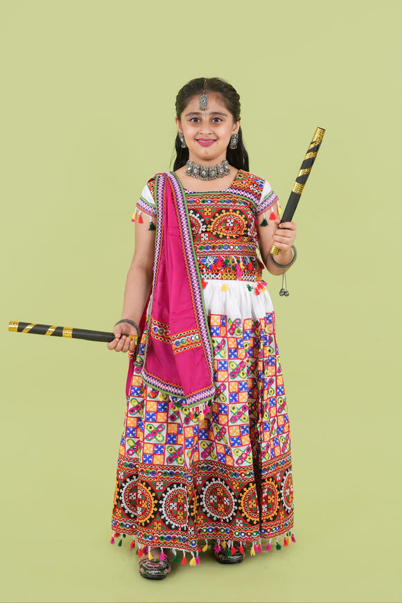 Banjara India Kutchi Embroidered Girls Chaniya Choli with Dupatta (KCC-BWR) - White