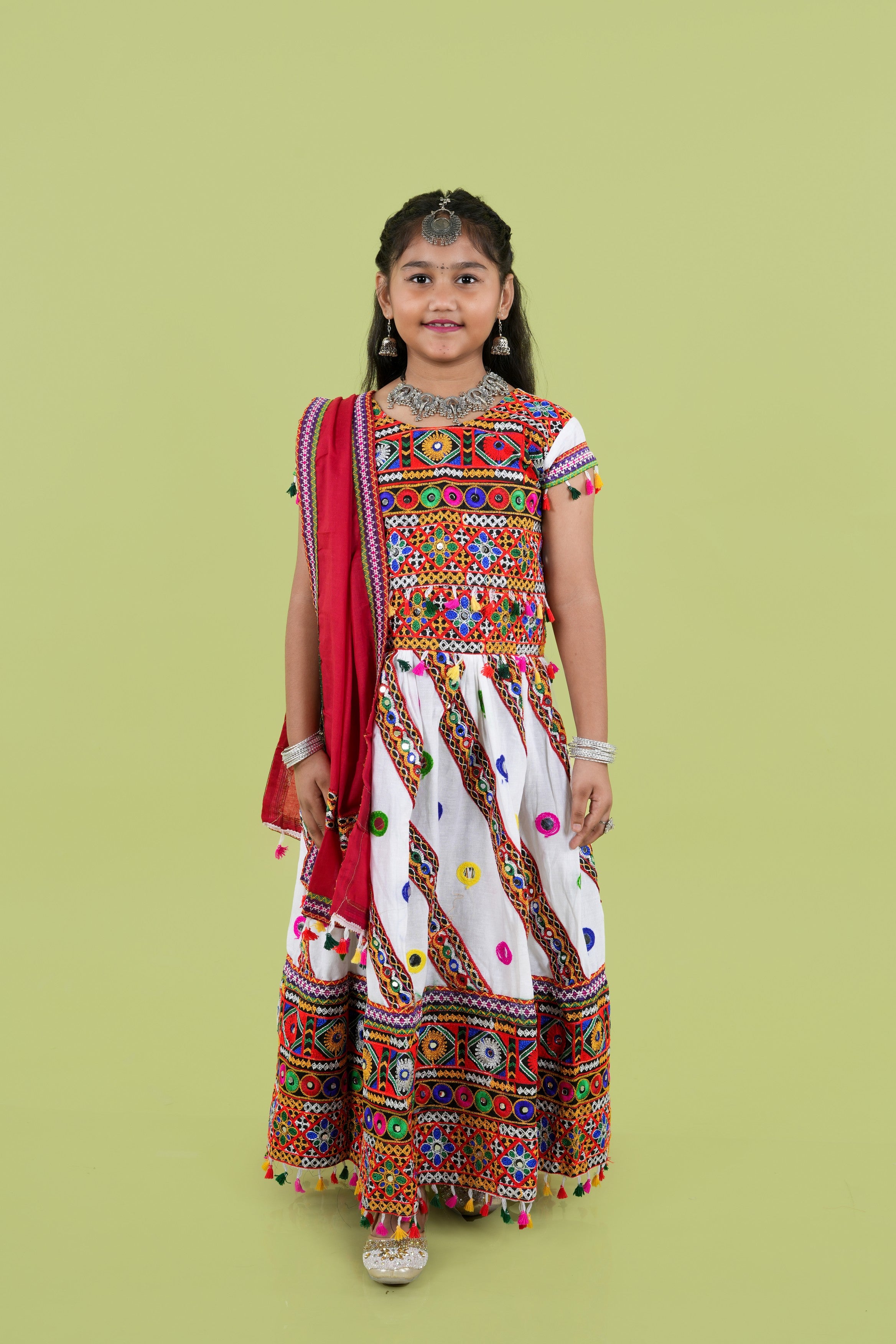 Banjara India Kutchi Emboidered White Girls Chaniya Choli with Dupatta (KCC-WAVE) - WHITE