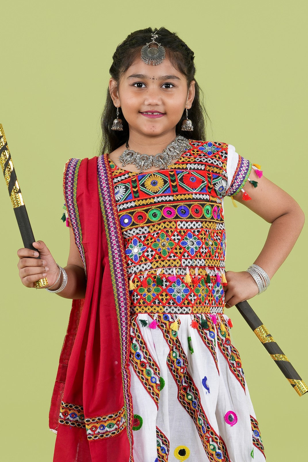 Banjara India Kutchi Emboidered White Girls Chaniya Choli with Dupatta (KCC-WAVE) - WHITE