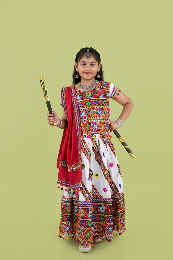 Banjara India Kutchi Emboidered White Girls Chaniya Choli with Dupatta (KCC-WAVE) - WHITE