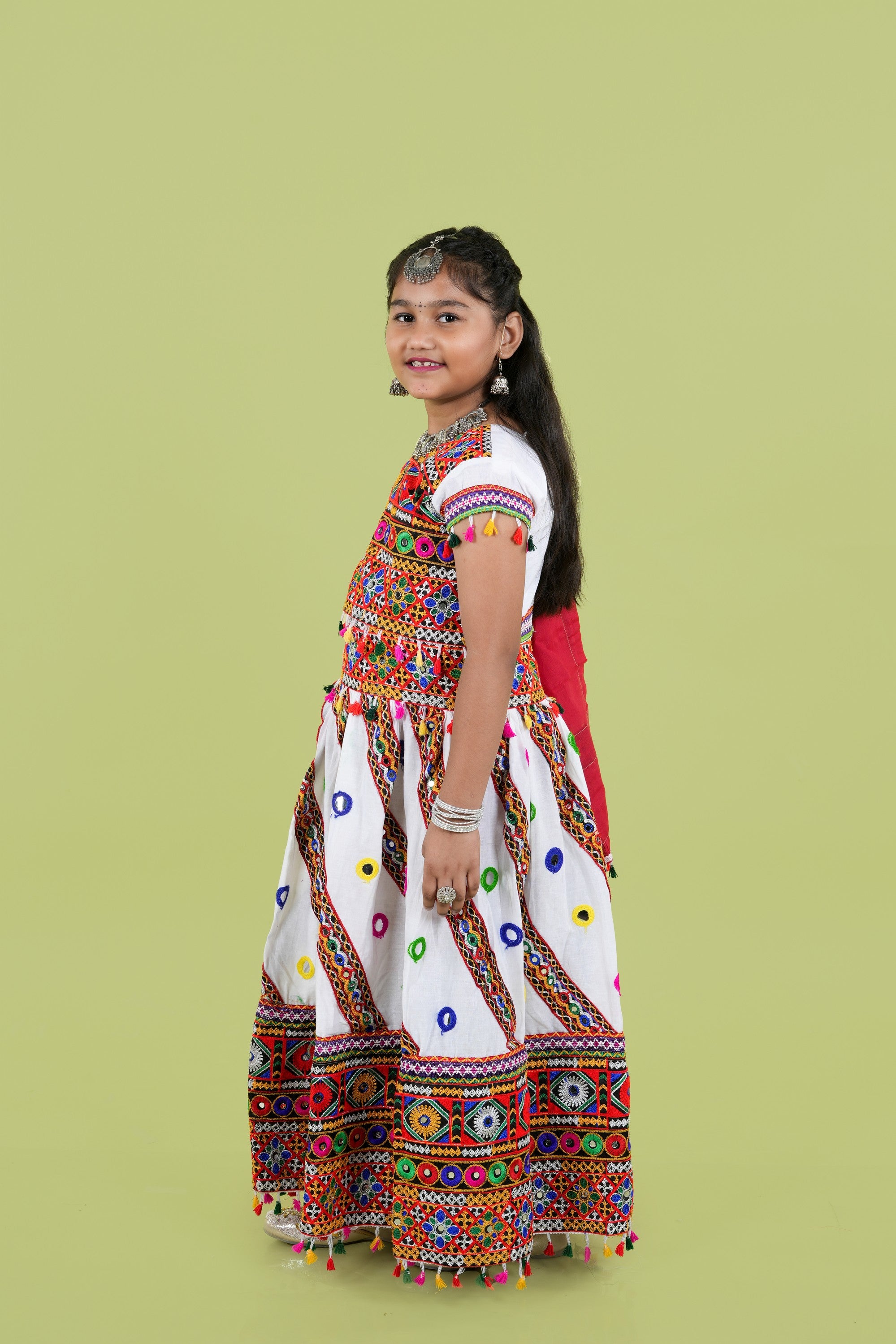 Banjara India Kutchi Emboidered White Girls Chaniya Choli with Dupatta (KCC-WAVE) - WHITE