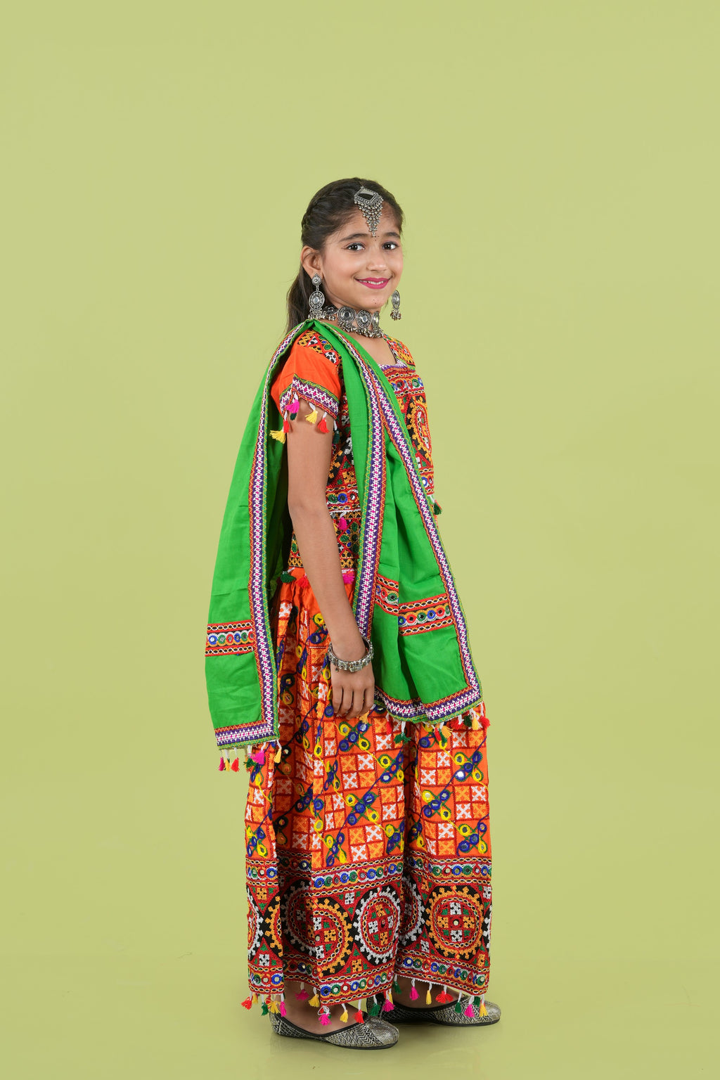 Banjara India Kutchi Embroidered Girls Chaniya Choli with Dupatta (KCC-BWR) - Orange
