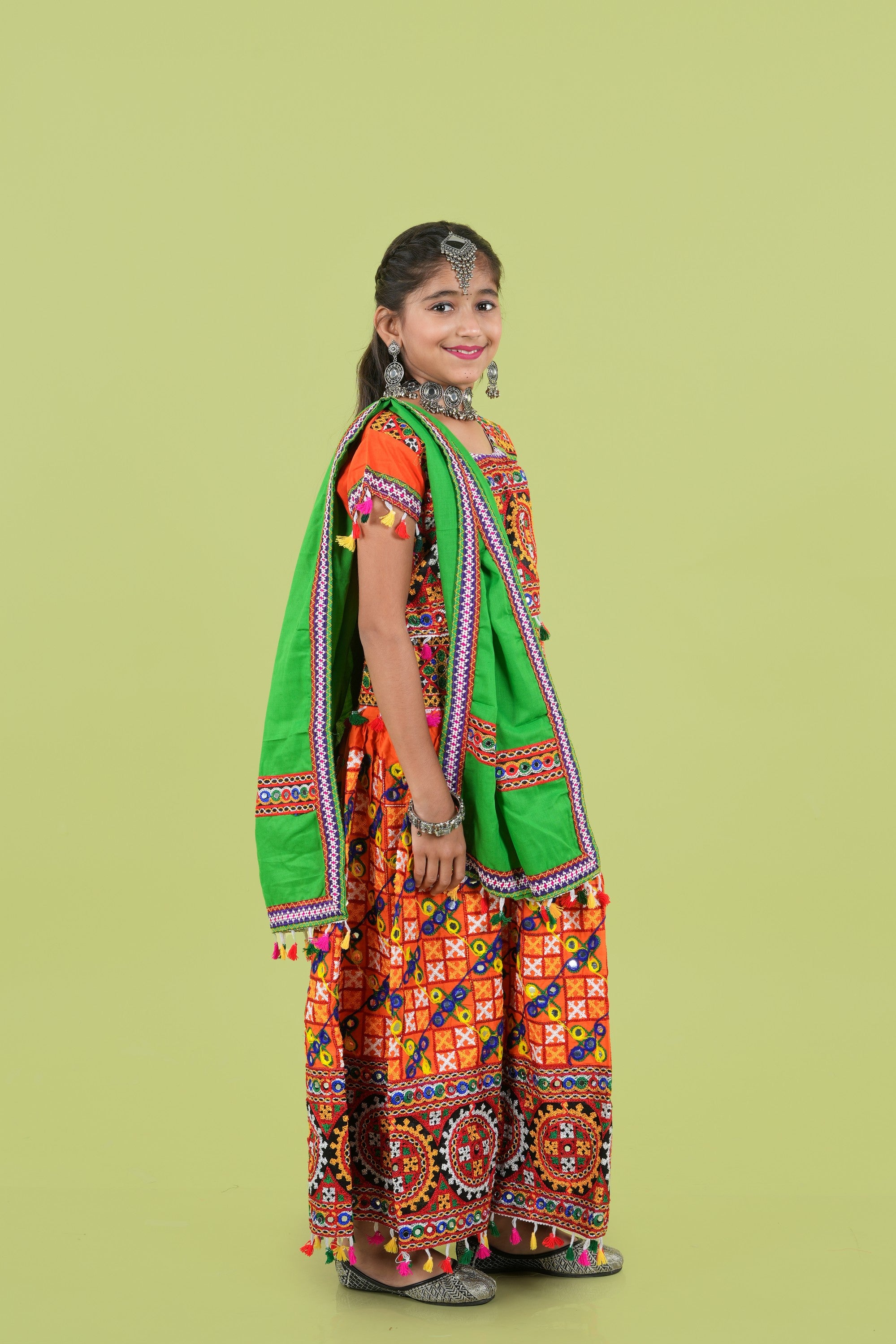 Banjara India Kutchi Embroidered Girls Chaniya Choli with Dupatta (KCC-BWR) - Orange