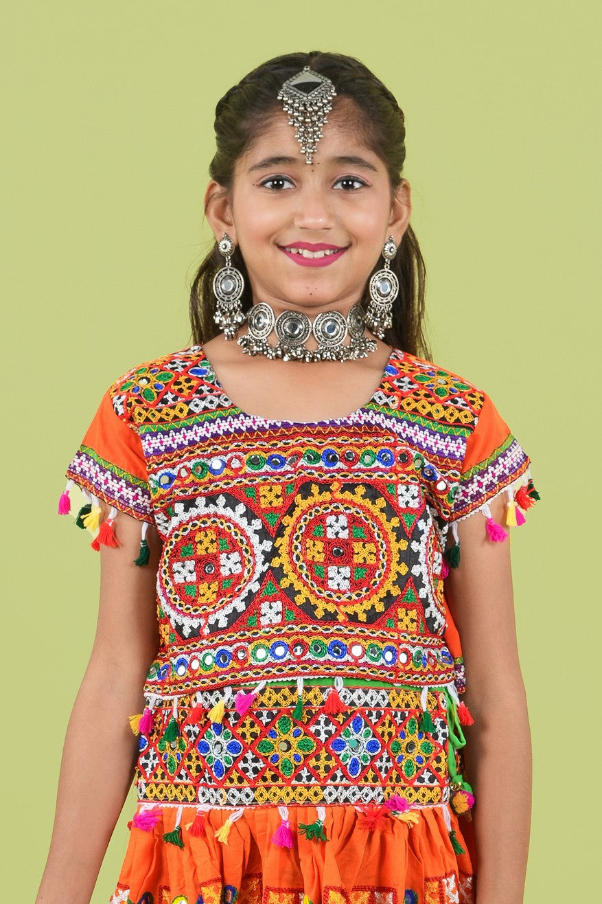 Banjara India Kutchi Embroidered Girls Chaniya Choli with Dupatta (KCC-BWR) - Orange