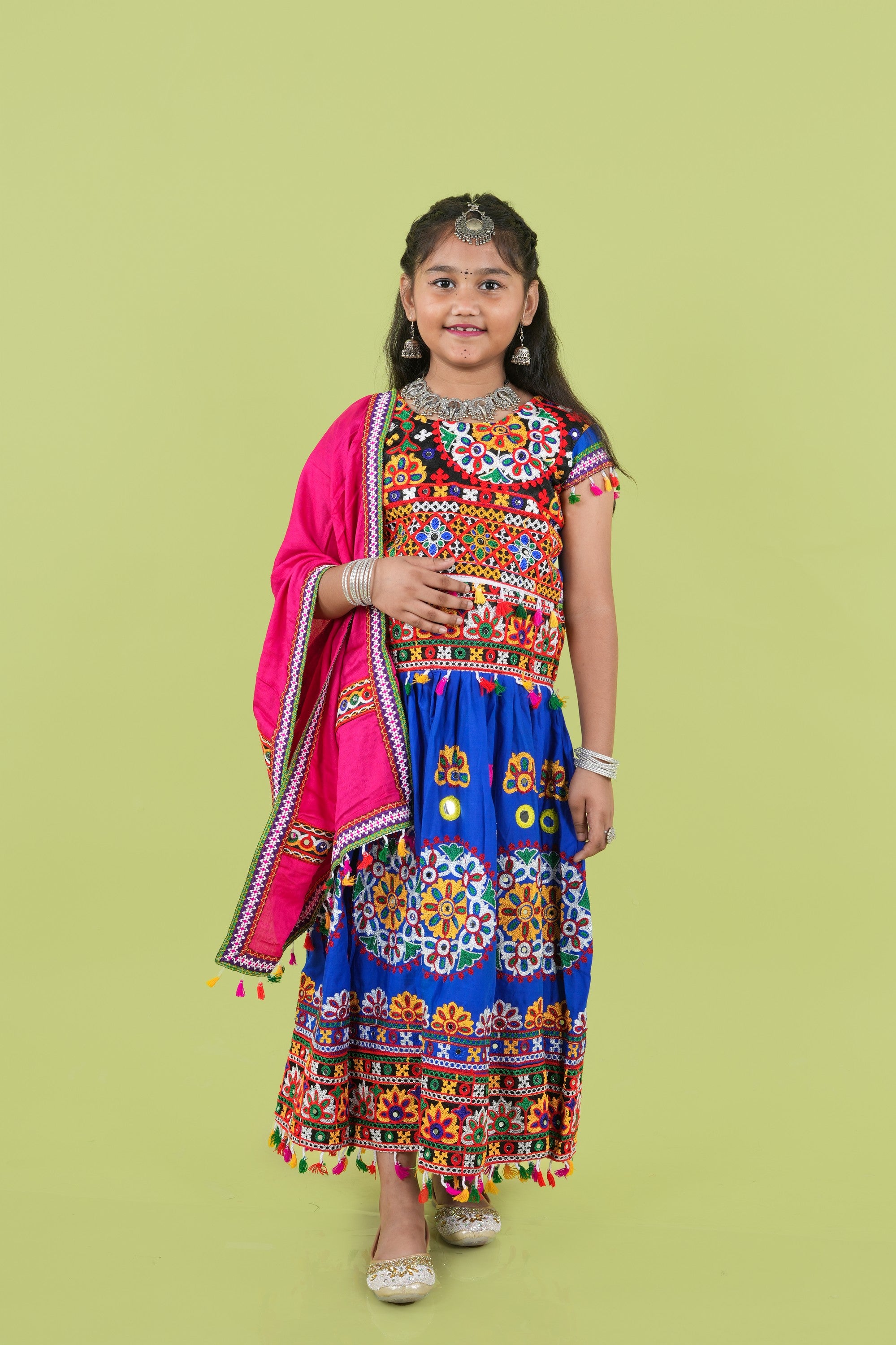 Banjara India Kutchi Emboidered Black Girls Chaniya Choli with Dupatta (KCC-RING) - Blue