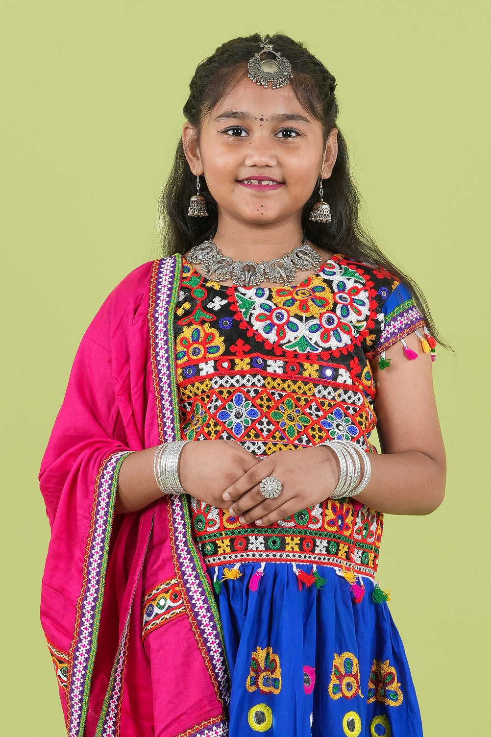 Banjara India Kutchi Emboidered Black Girls Chaniya Choli with Dupatta (KCC-RING) - Blue