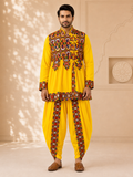 Banjara India Men’s Kutchi Embroidered Kediyu & Dhoti Set | Traditional Navratri Garba Outfit | Mirror Work Ethnic Wear Set-Yellow