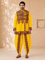 Banjara India Men’s Kutchi Embroidered Kediyu & Dhoti Set | Traditional Navratri Garba Outfit | Mirror Work Ethnic Wear Set-Yellow
