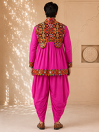 Banjara India Men’s Kutchi Embroidered Kediyu & Dhoti Set | Traditional Navratri Garba Outfit | Mirror Work Ethnic Wear Set-Pink