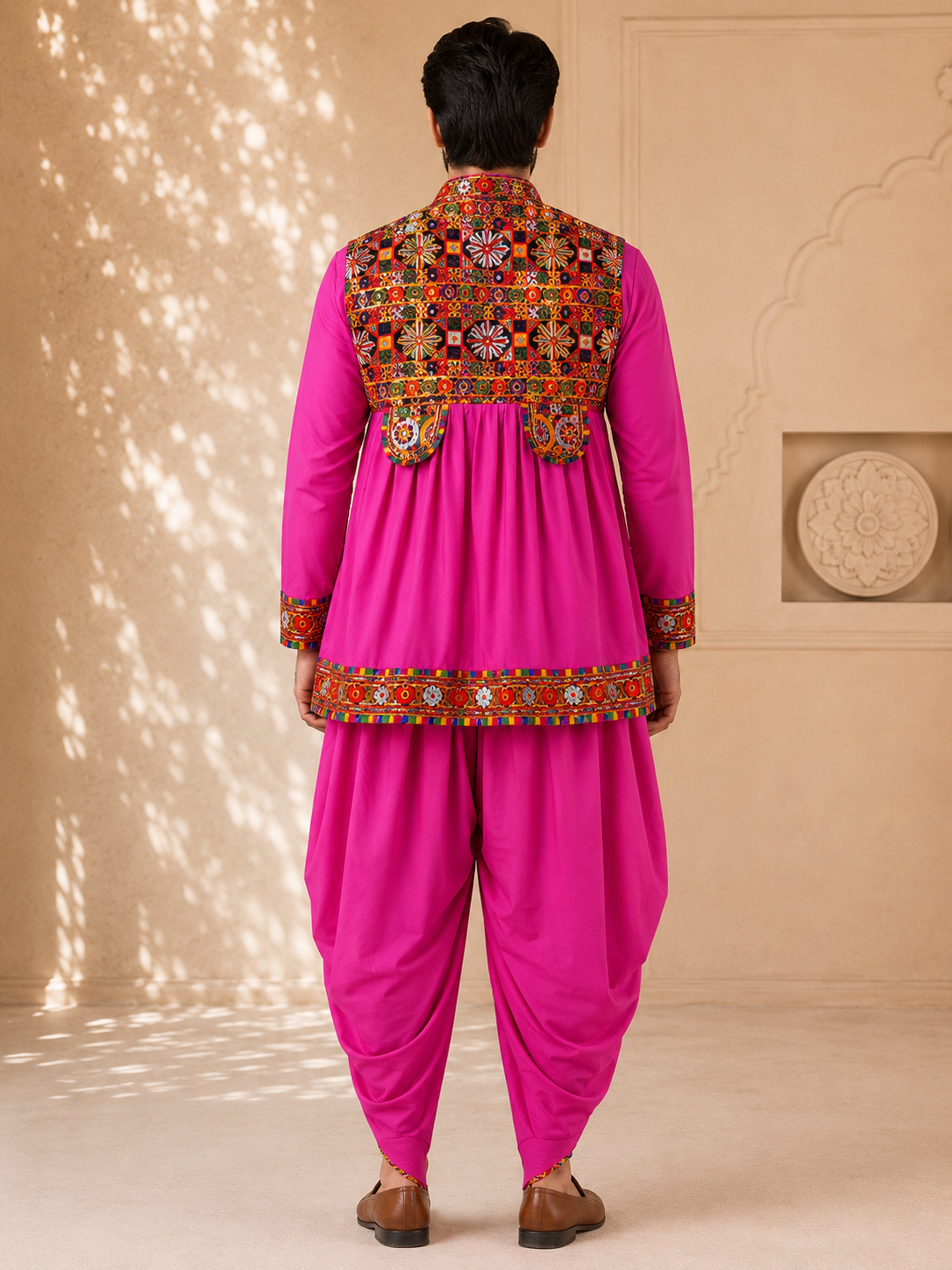 Banjara India Men’s Kutchi Embroidered Kediyu & Dhoti Set | Traditional Navratri Garba Outfit | Mirror Work Ethnic Wear Set-Pink