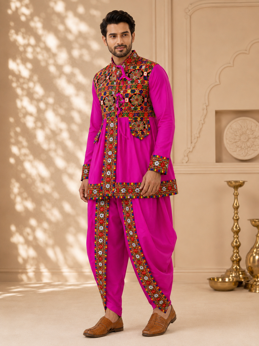 Banjara India Men’s Kutchi Embroidered Kediyu & Dhoti Set | Traditional Navratri Garba Outfit | Mirror Work Ethnic Wear Set-Pink