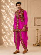 Banjara India Men’s Kutchi Embroidered Kediyu & Dhoti Set | Traditional Navratri Garba Outfit | Mirror Work Ethnic Wear Set-Pink