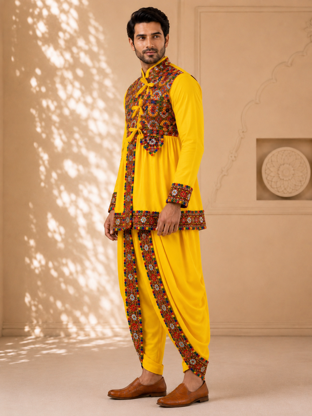 Banjara India Men’s Kutchi Embroidered Kediyu & Dhoti Set | Traditional Navratri Garba Outfit | Mirror Work Ethnic Wear Set-Yellow
