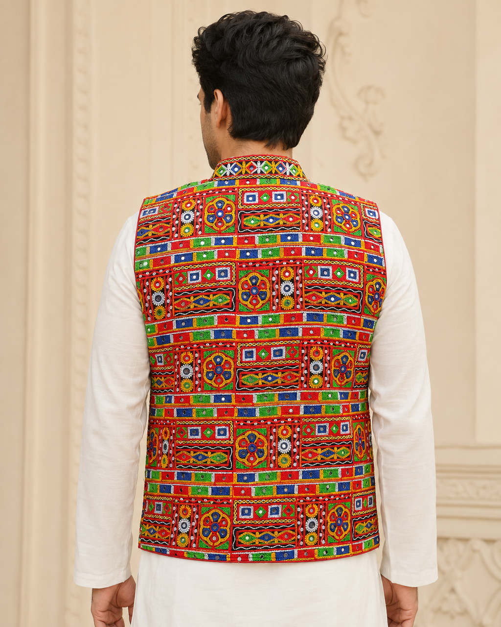 Banjara India Multicolor Kutchi Embroidered Ethnic Jacket for Men | Mirror Work Nehru Jacket | Festive & Navratri Wear (Men-Koti-04)