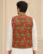 Banjara India Multicolor Kutchi Embroidered Ethnic Jacket for Men | Mirror Work Nehru Jacket | Festive & Navratri Wear (Men-Koti-04)