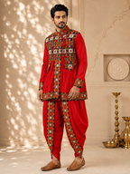 Banjara India Men’s Kutchi Embroidered Kediyu & Dhoti Set | Traditional Navratri Garba Outfit | Mirror Work Ethnic Wear Set-Red