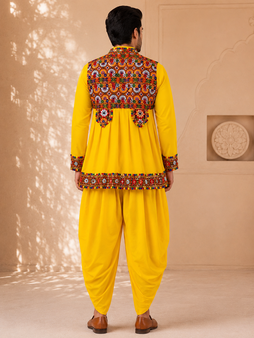 Banjara India Men’s Kutchi Embroidered Kediyu & Dhoti Set | Traditional Navratri Garba Outfit | Mirror Work Ethnic Wear Set-Yellow