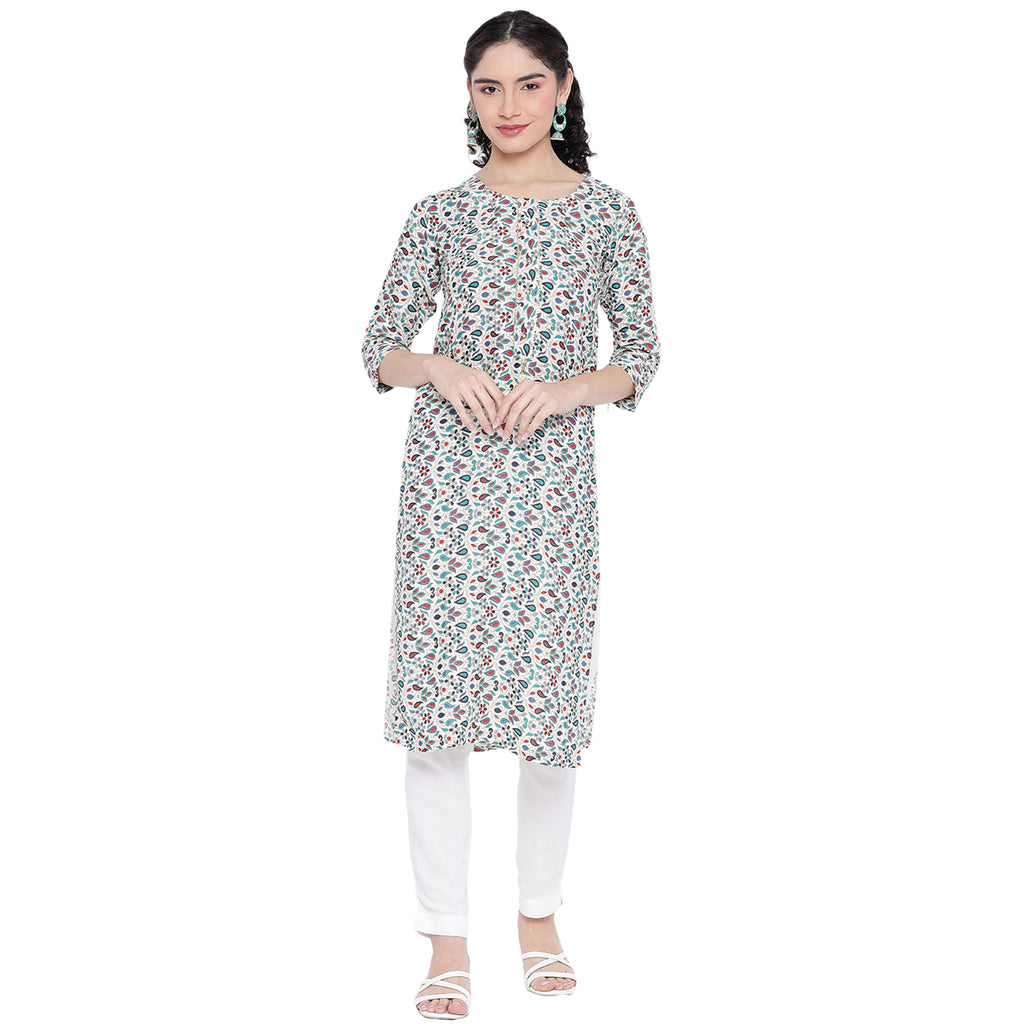 Banjara India FOREST Blue Printed Straight Rayon Kurti