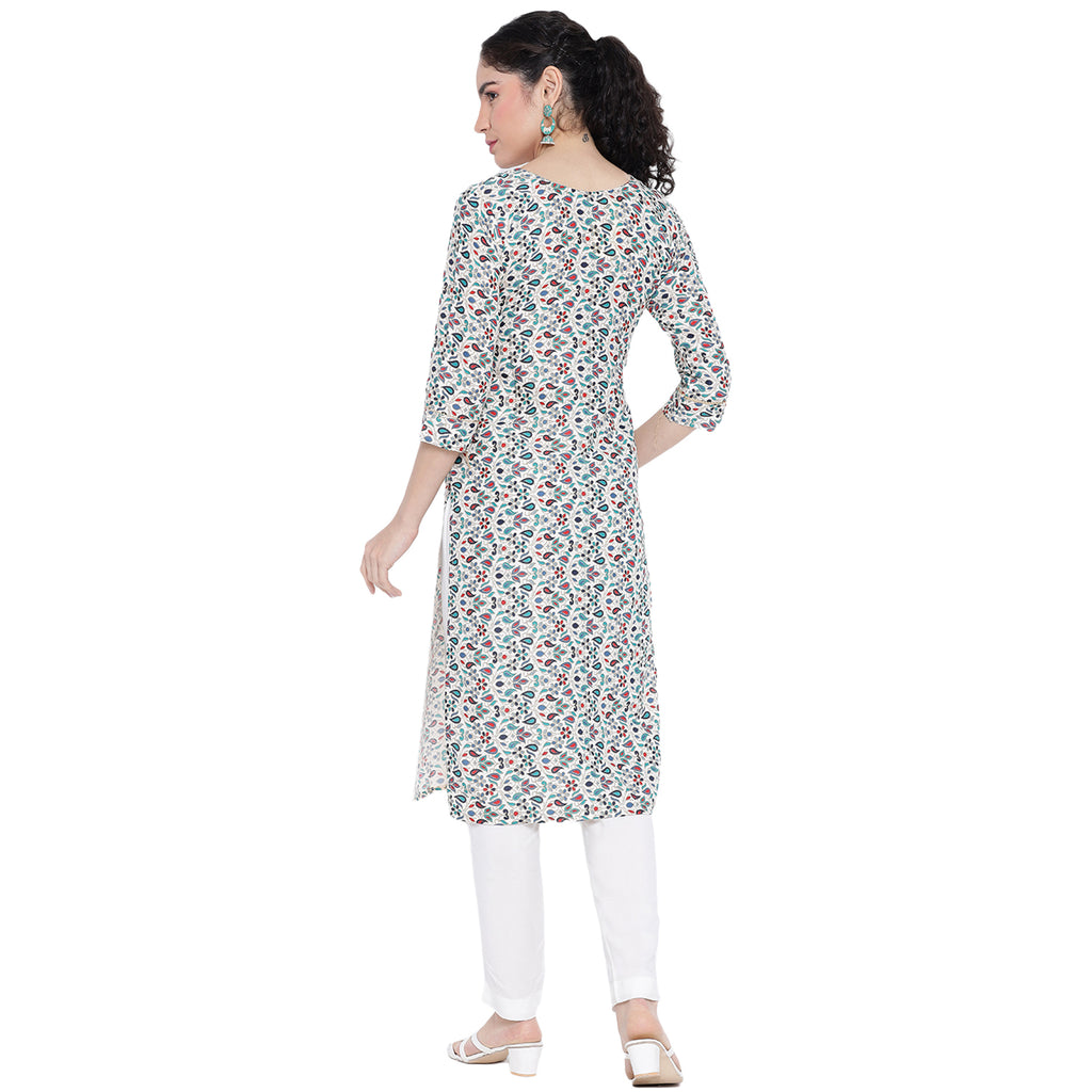 Banjara India FOREST Blue Printed Straight Rayon Kurti