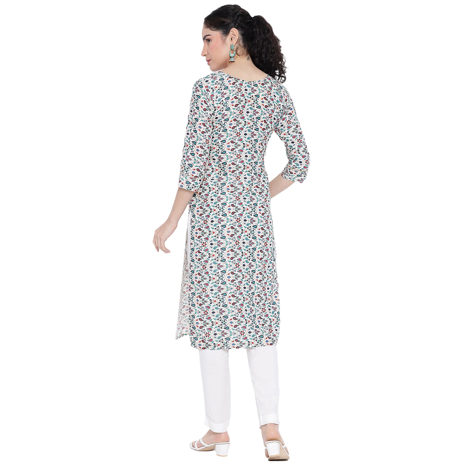 Banjara India FOREST Blue Printed Straight Rayon Kurti