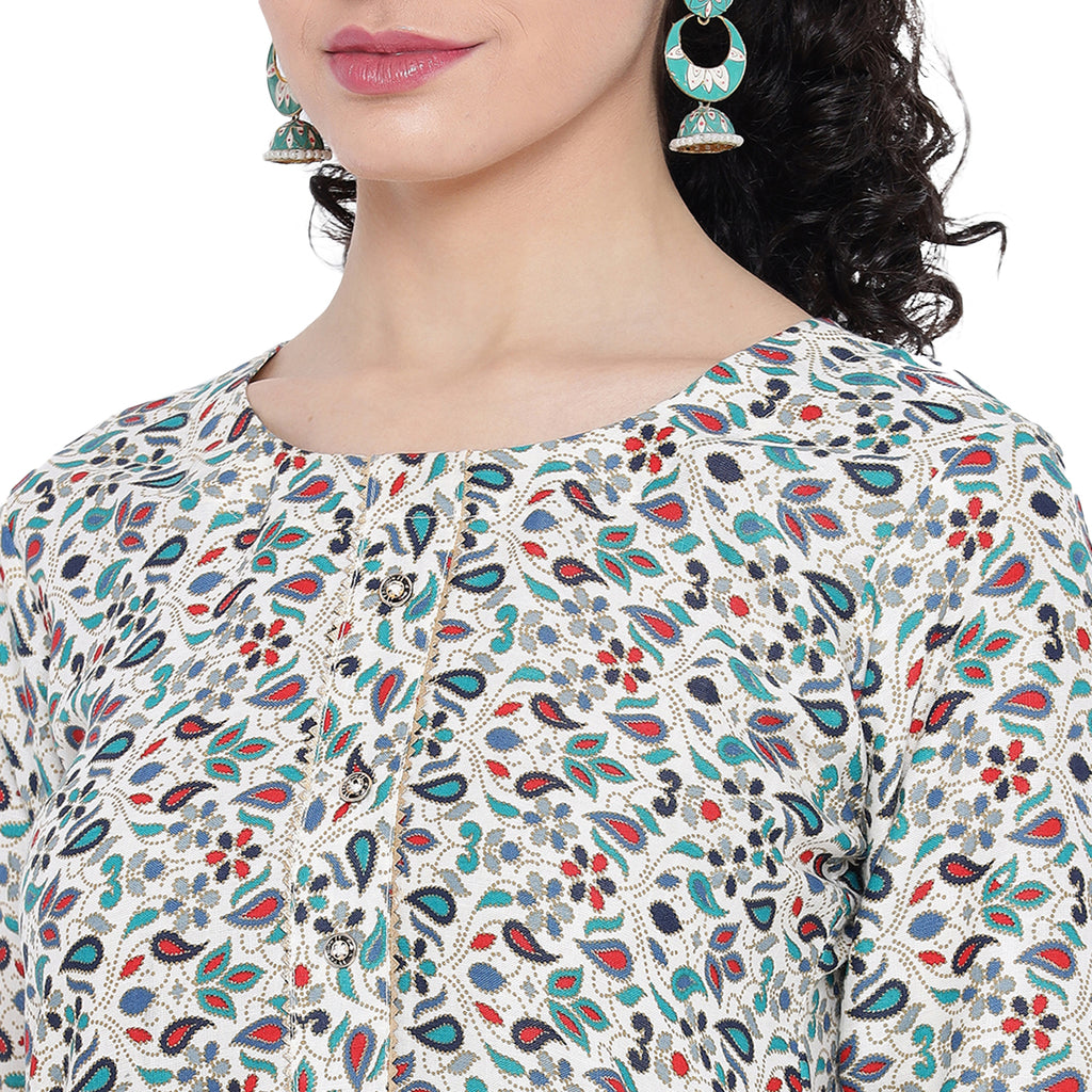Banjara India FOREST Blue Printed Straight Rayon Kurti