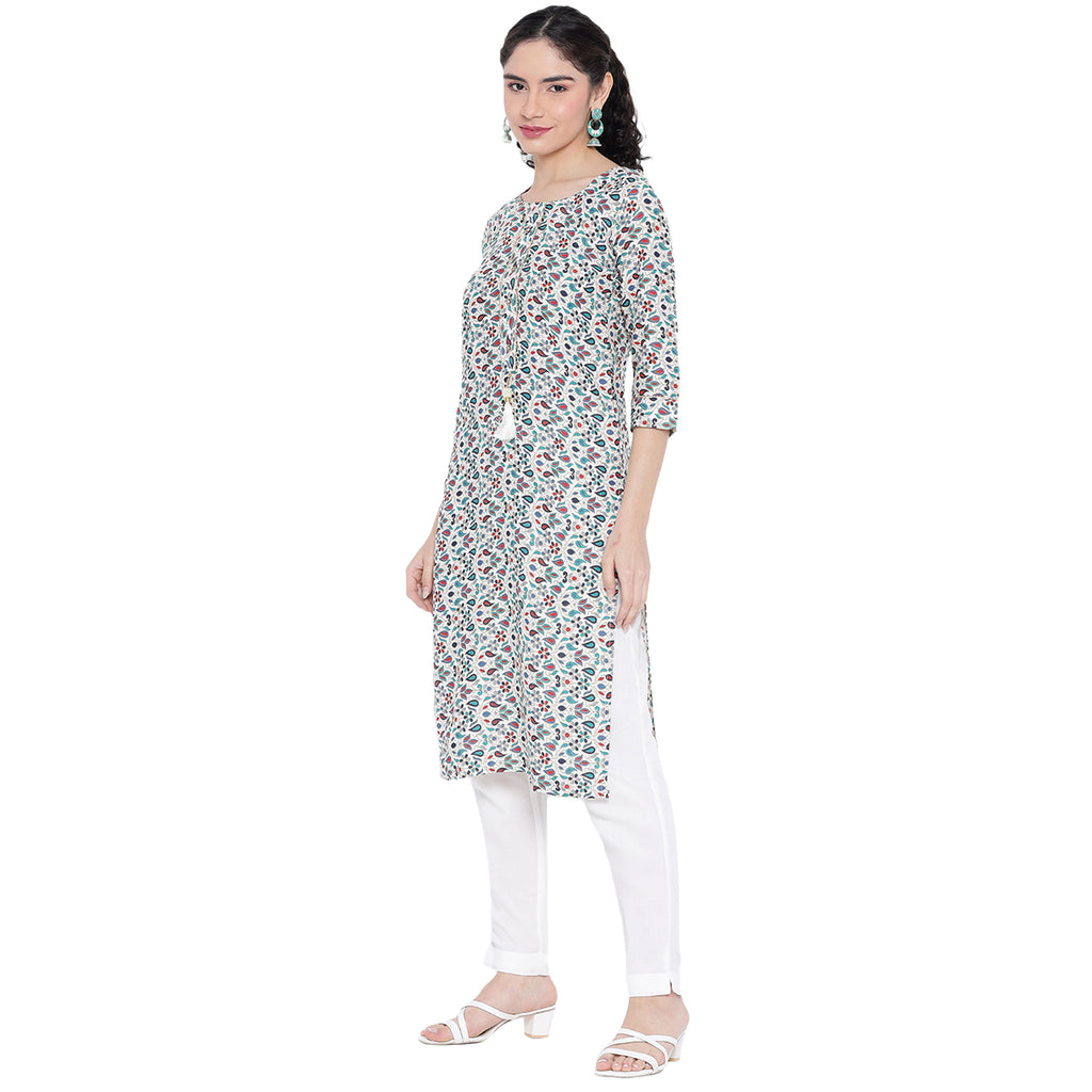 Banjara India FOREST Blue Printed Straight Rayon Kurti