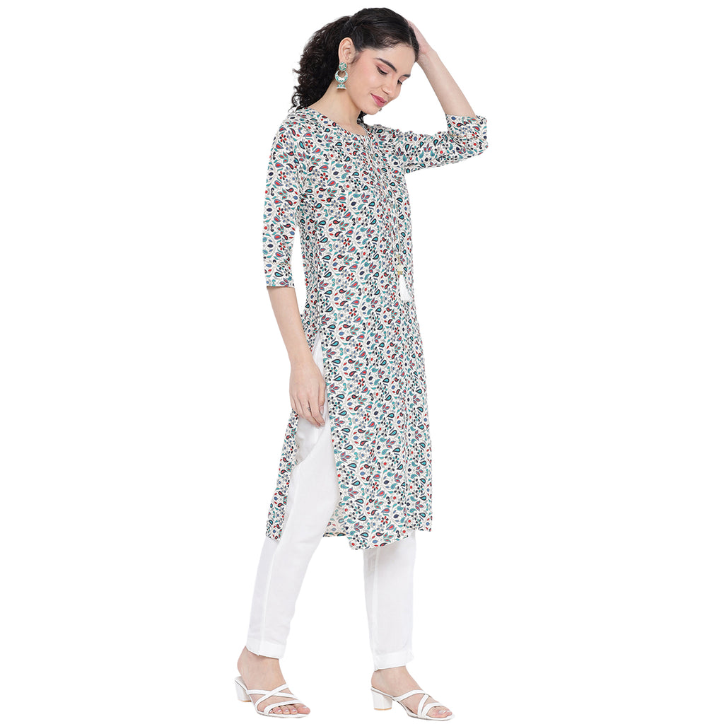 Banjara India FOREST Blue Printed Straight Rayon Kurti