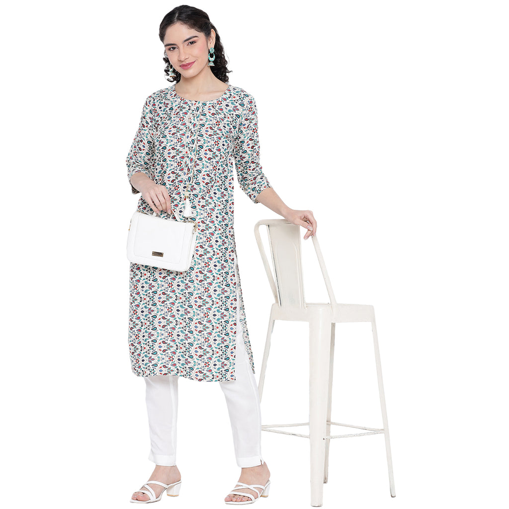 Banjara India FOREST Blue Printed Straight Rayon Kurti