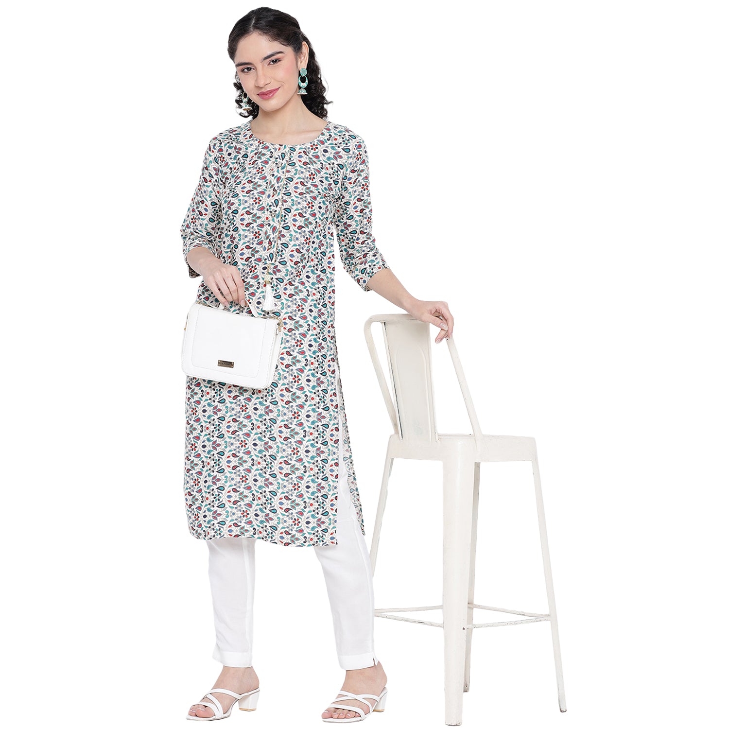 Banjara India FOREST Blue Printed Straight Rayon Kurti