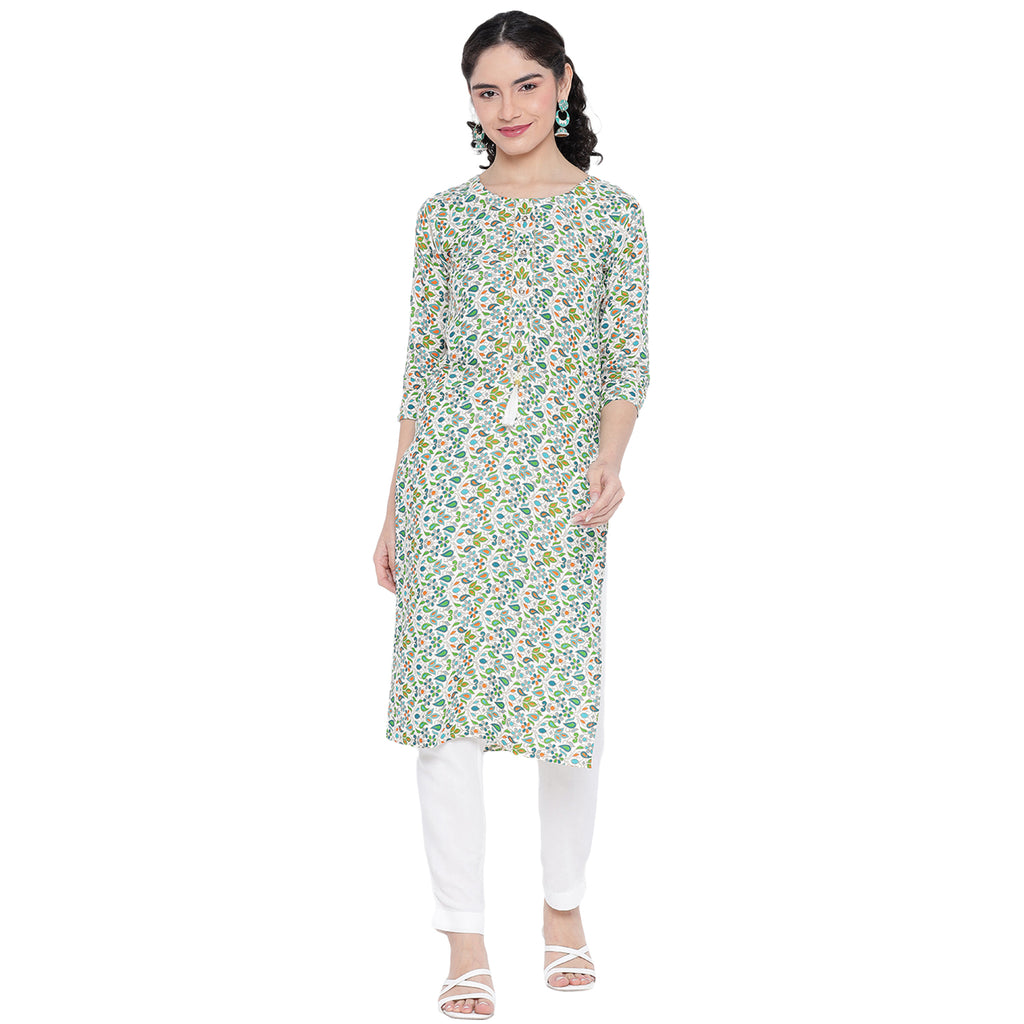Banjara India FOREST Green Printed Straight Rayon Kurti