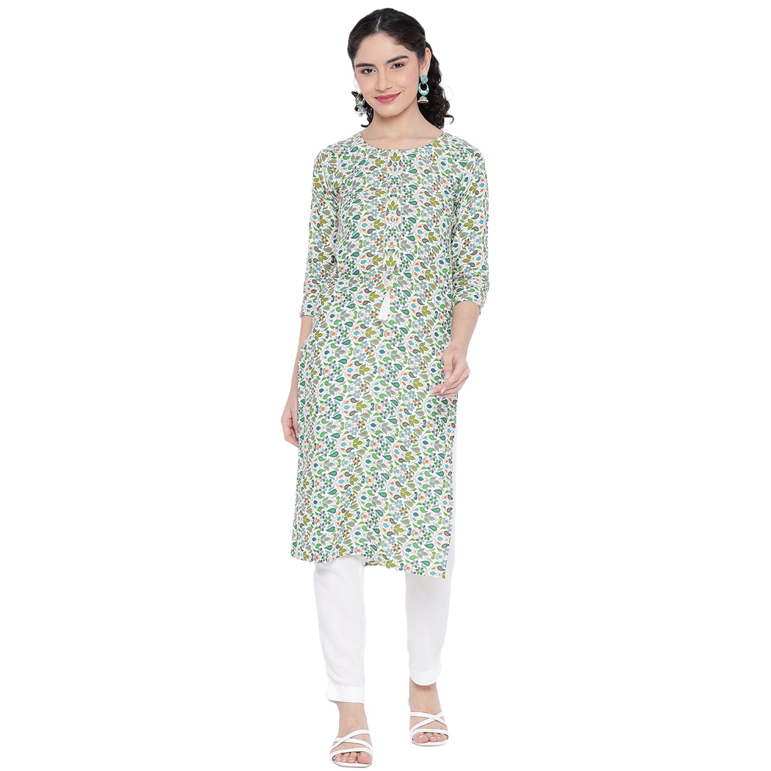 Banjara India FOREST Green Printed Straight Rayon Kurti
