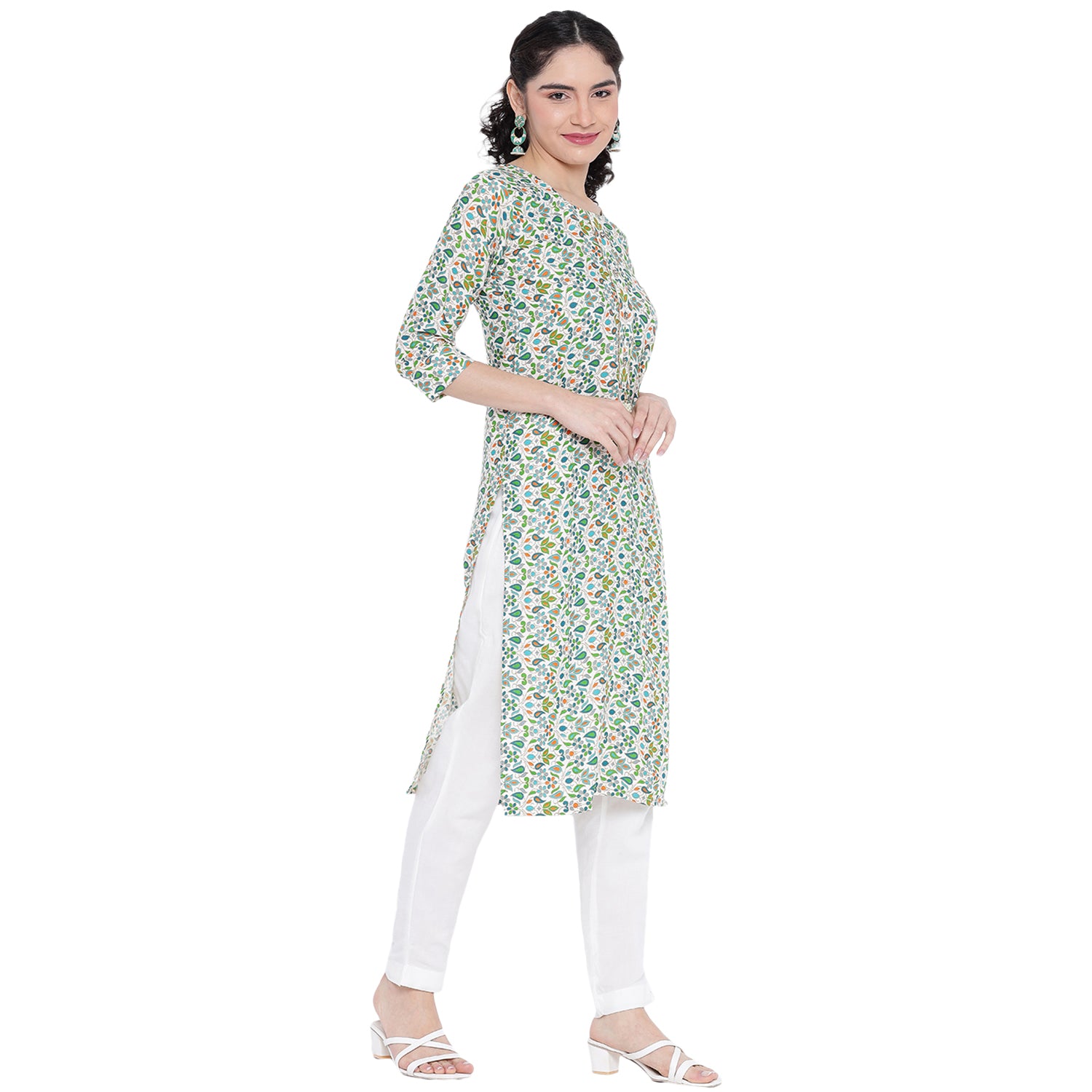Banjara India FOREST Green Printed Straight Rayon Kurti