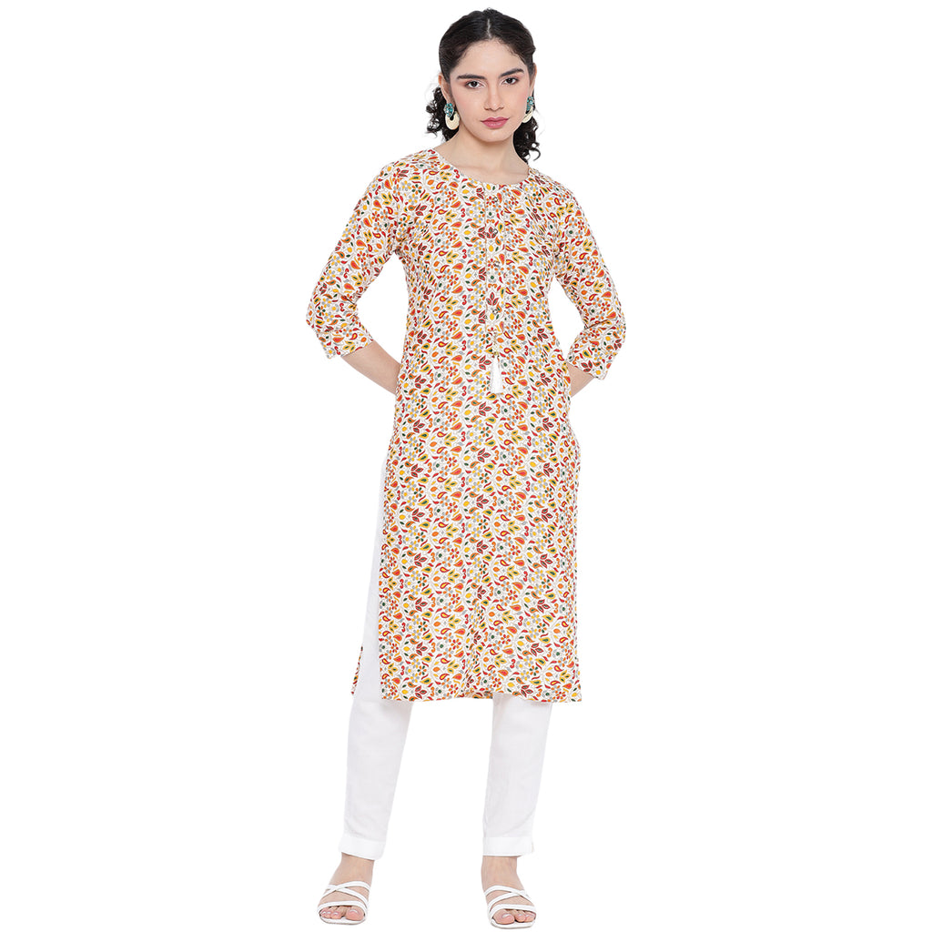 Banjara India FOREST Orange Printed Straight Rayon Kurti