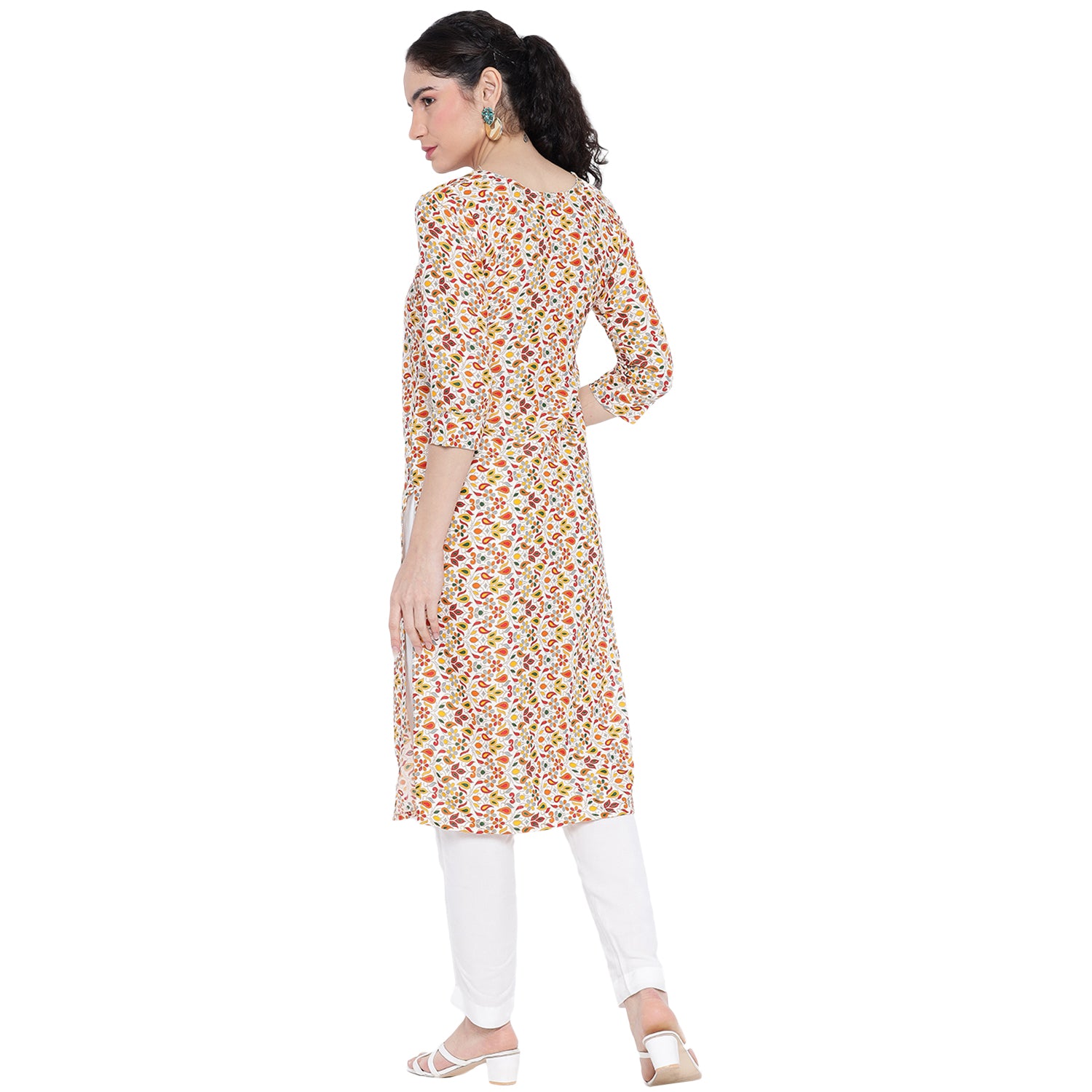 Banjara India FOREST Orange Printed Straight Rayon Kurti