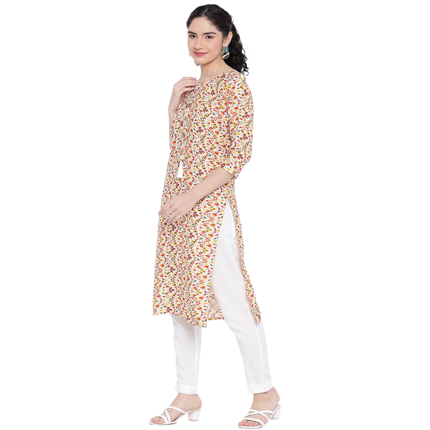 Banjara India FOREST Orange Printed Straight Rayon Kurti