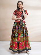 Banjara India Cotton Long Flair Aari Embroidery Kutch Work (Lehenga Choli) Chaniya Choli Set with Dupatta-(FSCC-BNDH)Black