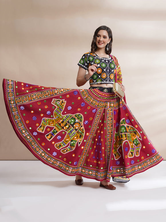 Banjara India Cotton Long Flair Aari Embroidery Kutch Work (Lehenga Choli) Chaniya Choli Set with Dupatta-(FSCC-Camel)Red
