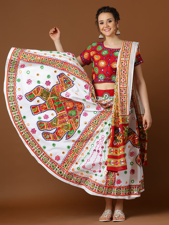 Banjara India Cotton Long Flair Aari Embroidery Kutch Work (Lehenga Choli) Chaniya Choli Set with Dupatta-(FSCC-Camel)White (Copy)
